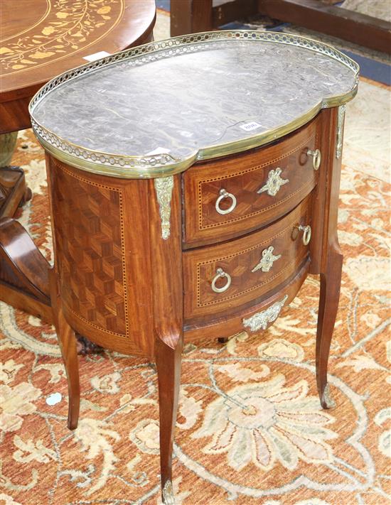 A Louis XV style marble topped parquetry inlaid two drawer chest W.61cm